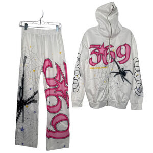 Y2K style 369 Tracksuit Set Hoodie Pants Spider Web Graphic White Lady medium